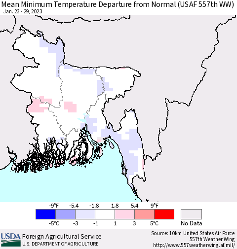 Bangladesh Mean Minimum Temperature Departure from Normal (USAF 557th WW) Thematic Map For 1/23/2023 - 1/29/2023