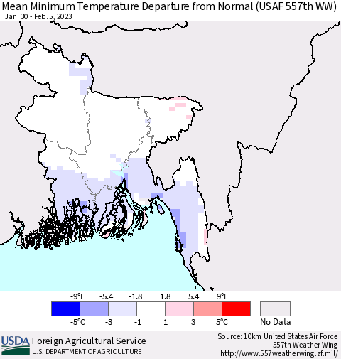 Bangladesh Mean Minimum Temperature Departure from Normal (USAF 557th WW) Thematic Map For 1/30/2023 - 2/5/2023