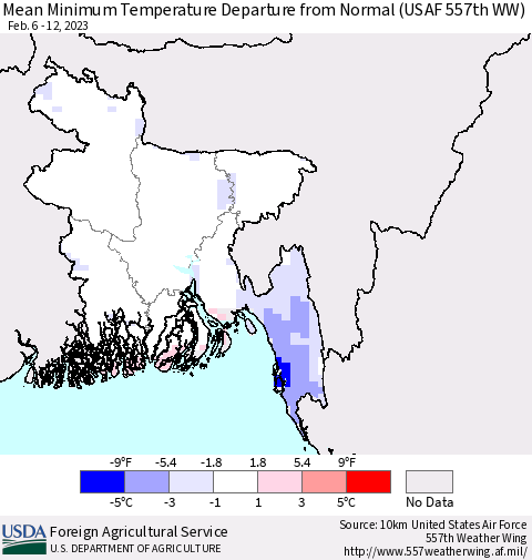 Bangladesh Mean Minimum Temperature Departure from Normal (USAF 557th WW) Thematic Map For 2/6/2023 - 2/12/2023