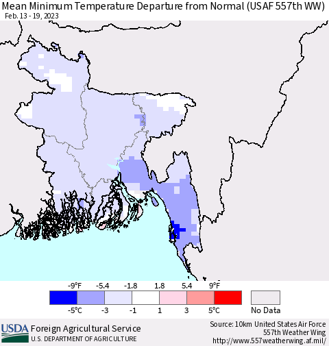Bangladesh Mean Minimum Temperature Departure from Normal (USAF 557th WW) Thematic Map For 2/13/2023 - 2/19/2023