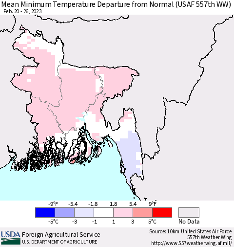 Bangladesh Mean Minimum Temperature Departure from Normal (USAF 557th WW) Thematic Map For 2/20/2023 - 2/26/2023
