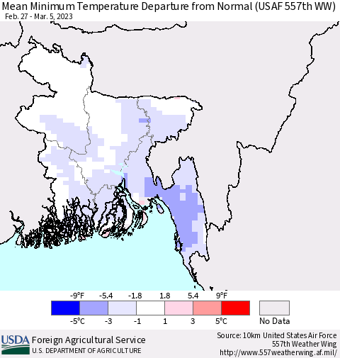 Bangladesh Mean Minimum Temperature Departure from Normal (USAF 557th WW) Thematic Map For 2/27/2023 - 3/5/2023