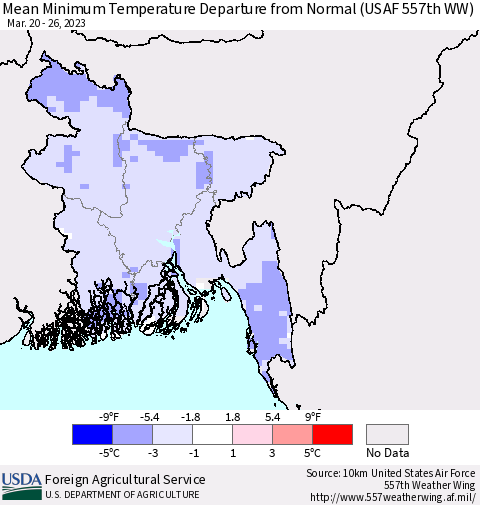 Bangladesh Mean Minimum Temperature Departure from Normal (USAF 557th WW) Thematic Map For 3/20/2023 - 3/26/2023