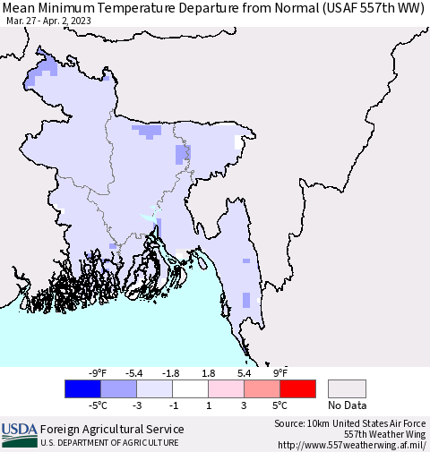 Bangladesh Mean Minimum Temperature Departure from Normal (USAF 557th WW) Thematic Map For 3/27/2023 - 4/2/2023