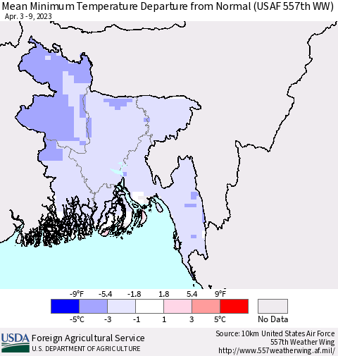 Bangladesh Mean Minimum Temperature Departure from Normal (USAF 557th WW) Thematic Map For 4/3/2023 - 4/9/2023