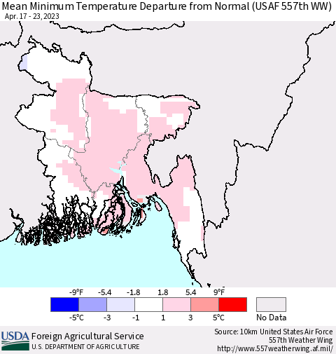 Bangladesh Mean Minimum Temperature Departure from Normal (USAF 557th WW) Thematic Map For 4/17/2023 - 4/23/2023