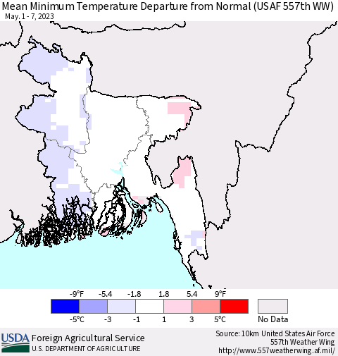 Bangladesh Mean Minimum Temperature Departure from Normal (USAF 557th WW) Thematic Map For 5/1/2023 - 5/7/2023