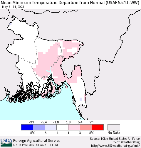 Bangladesh Mean Minimum Temperature Departure from Normal (USAF 557th WW) Thematic Map For 5/8/2023 - 5/14/2023