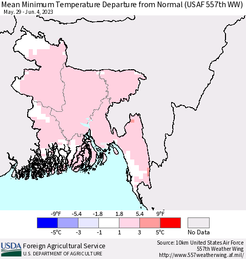 Bangladesh Mean Minimum Temperature Departure from Normal (USAF 557th WW) Thematic Map For 5/29/2023 - 6/4/2023