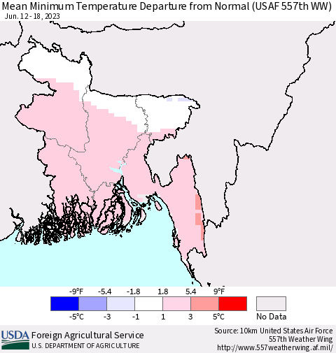 Bangladesh Mean Minimum Temperature Departure from Normal (USAF 557th WW) Thematic Map For 6/12/2023 - 6/18/2023