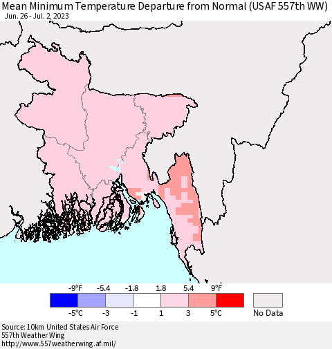 Bangladesh Mean Minimum Temperature Departure from Normal (USAF 557th WW) Thematic Map For 6/26/2023 - 7/2/2023
