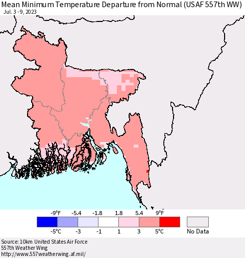 Bangladesh Mean Minimum Temperature Departure from Normal (USAF 557th WW) Thematic Map For 7/3/2023 - 7/9/2023