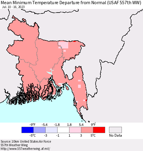 Bangladesh Mean Minimum Temperature Departure from Normal (USAF 557th WW) Thematic Map For 7/10/2023 - 7/16/2023