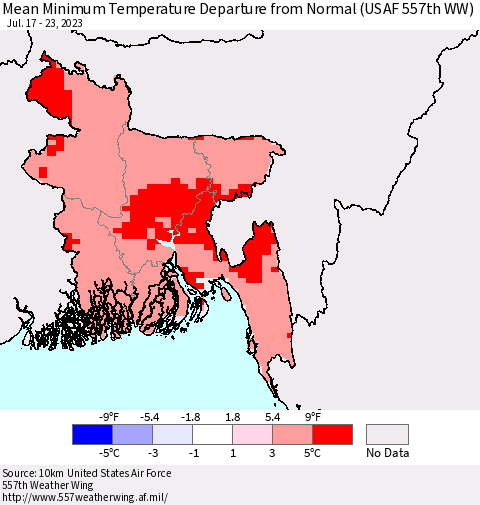 Bangladesh Mean Minimum Temperature Departure from Normal (USAF 557th WW) Thematic Map For 7/17/2023 - 7/23/2023