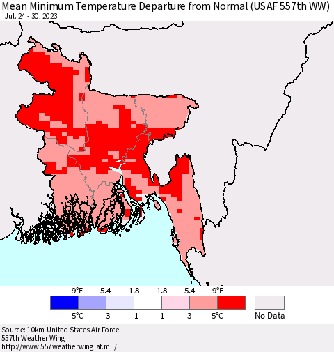 Bangladesh Mean Minimum Temperature Departure from Normal (USAF 557th WW) Thematic Map For 7/24/2023 - 7/30/2023