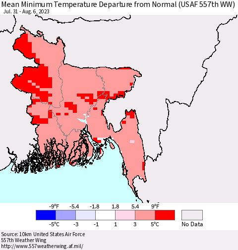 Bangladesh Mean Minimum Temperature Departure from Normal (USAF 557th WW) Thematic Map For 7/31/2023 - 8/6/2023