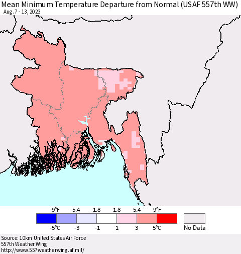 Bangladesh Mean Minimum Temperature Departure from Normal (USAF 557th WW) Thematic Map For 8/7/2023 - 8/13/2023