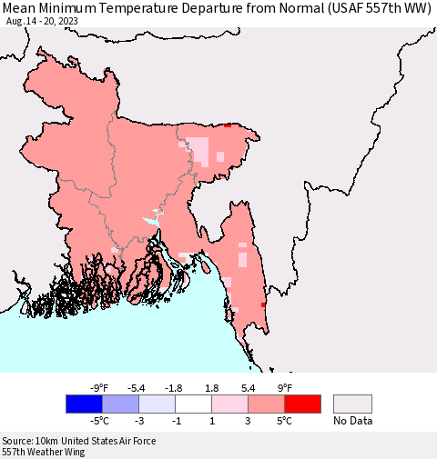 Bangladesh Mean Minimum Temperature Departure from Normal (USAF 557th WW) Thematic Map For 8/14/2023 - 8/20/2023