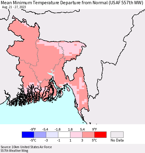 Bangladesh Mean Minimum Temperature Departure from Normal (USAF 557th WW) Thematic Map For 8/21/2023 - 8/27/2023