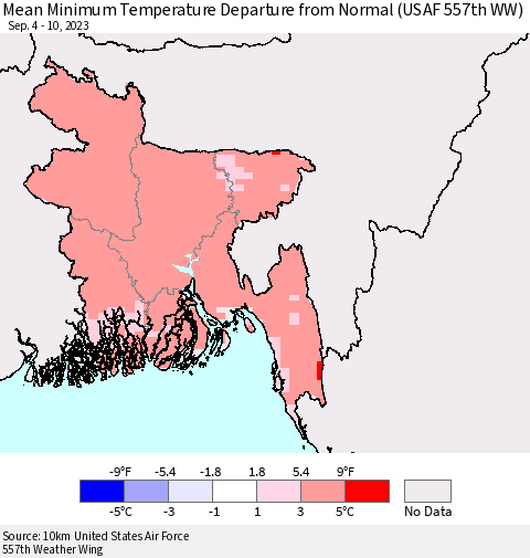 Bangladesh Mean Minimum Temperature Departure from Normal (USAF 557th WW) Thematic Map For 9/4/2023 - 9/10/2023