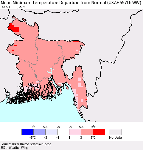 Bangladesh Mean Minimum Temperature Departure from Normal (USAF 557th WW) Thematic Map For 9/11/2023 - 9/17/2023