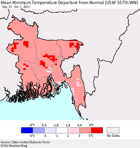 Bangladesh Mean Minimum Temperature Departure from Normal (USAF 557th WW) Thematic Map For 9/25/2023 - 10/1/2023