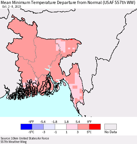 Bangladesh Mean Minimum Temperature Departure from Normal (USAF 557th WW) Thematic Map For 10/2/2023 - 10/8/2023