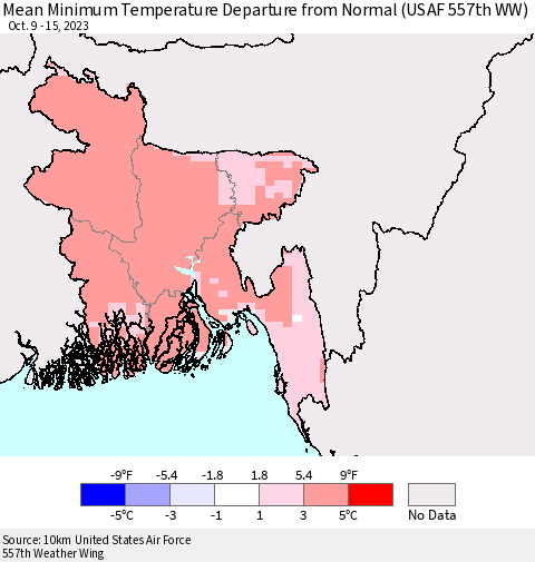 Bangladesh Mean Minimum Temperature Departure from Normal (USAF 557th WW) Thematic Map For 10/9/2023 - 10/15/2023