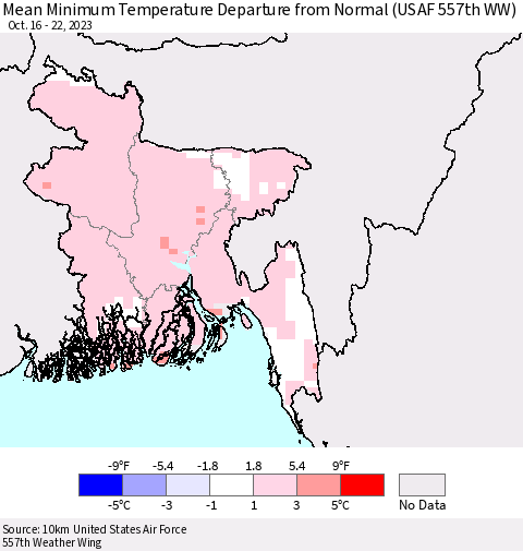 Bangladesh Mean Minimum Temperature Departure from Normal (USAF 557th WW) Thematic Map For 10/16/2023 - 10/22/2023