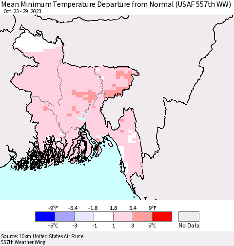 Bangladesh Mean Minimum Temperature Departure from Normal (USAF 557th WW) Thematic Map For 10/23/2023 - 10/29/2023