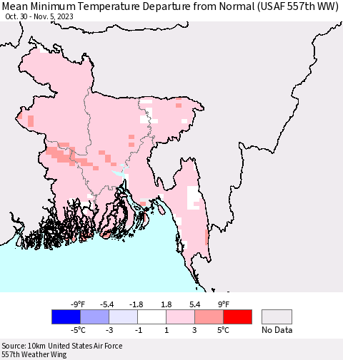 Bangladesh Mean Minimum Temperature Departure from Normal (USAF 557th WW) Thematic Map For 10/30/2023 - 11/5/2023