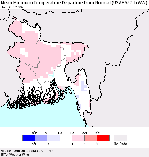 Bangladesh Mean Minimum Temperature Departure from Normal (USAF 557th WW) Thematic Map For 11/6/2023 - 11/12/2023
