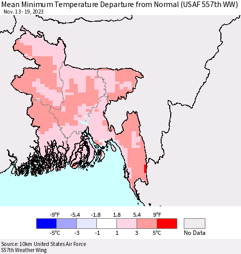 Bangladesh Mean Minimum Temperature Departure from Normal (USAF 557th WW) Thematic Map For 11/13/2023 - 11/19/2023