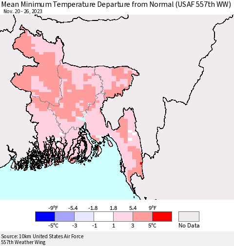 Bangladesh Mean Minimum Temperature Departure from Normal (USAF 557th WW) Thematic Map For 11/20/2023 - 11/26/2023