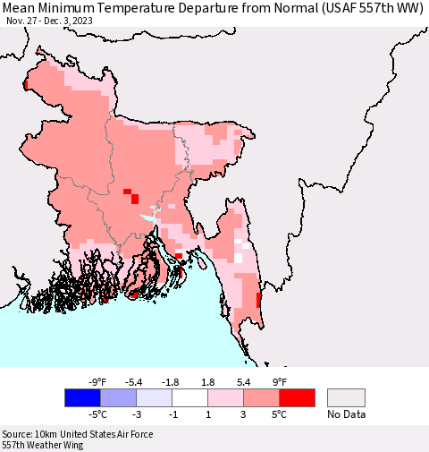 Bangladesh Mean Minimum Temperature Departure from Normal (USAF 557th WW) Thematic Map For 11/27/2023 - 12/3/2023