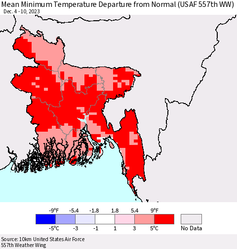 Bangladesh Mean Minimum Temperature Departure from Normal (USAF 557th WW) Thematic Map For 12/4/2023 - 12/10/2023
