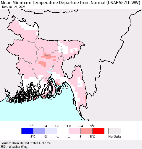 Bangladesh Mean Minimum Temperature Departure from Normal (USAF 557th WW) Thematic Map For 12/18/2023 - 12/24/2023