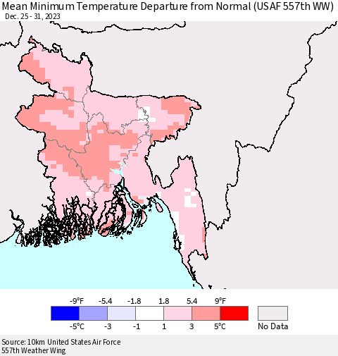Bangladesh Mean Minimum Temperature Departure from Normal (USAF 557th WW) Thematic Map For 12/25/2023 - 12/31/2023