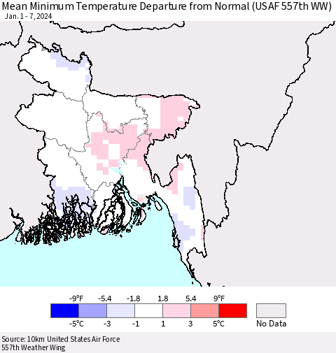 Bangladesh Mean Minimum Temperature Departure from Normal (USAF 557th WW) Thematic Map For 1/1/2024 - 1/7/2024