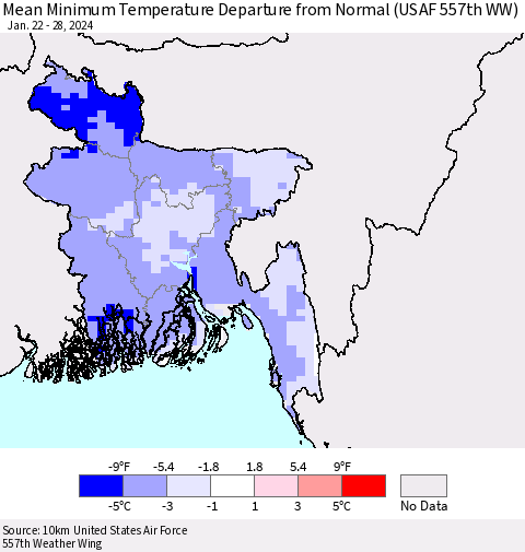 Bangladesh Mean Minimum Temperature Departure from Normal (USAF 557th WW) Thematic Map For 1/22/2024 - 1/28/2024
