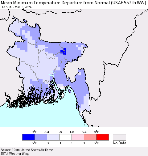 Bangladesh Mean Minimum Temperature Departure from Normal (USAF 557th WW) Thematic Map For 2/26/2024 - 3/3/2024
