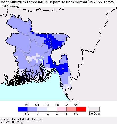 Bangladesh Mean Minimum Temperature Departure from Normal (USAF 557th WW) Thematic Map For 3/4/2024 - 3/10/2024
