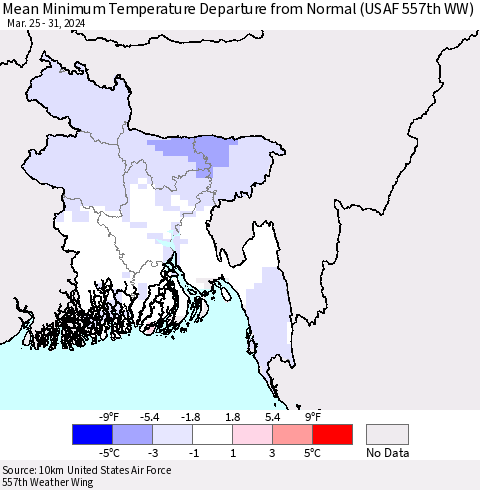 Bangladesh Mean Minimum Temperature Departure from Normal (USAF 557th WW) Thematic Map For 3/25/2024 - 3/31/2024