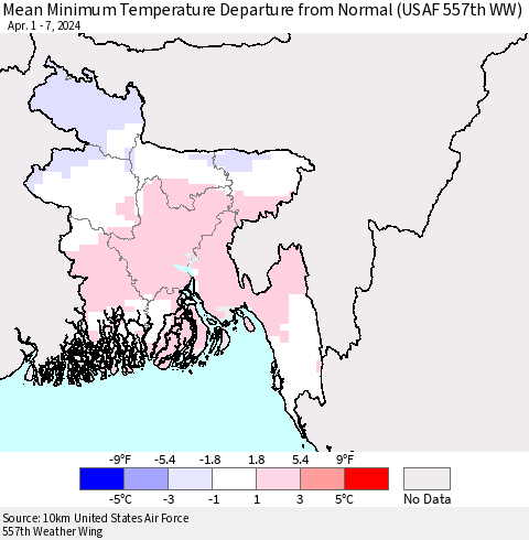 Bangladesh Mean Minimum Temperature Departure from Normal (USAF 557th WW) Thematic Map For 4/1/2024 - 4/7/2024