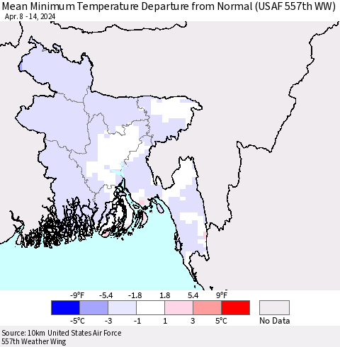 Bangladesh Mean Minimum Temperature Departure from Normal (USAF 557th WW) Thematic Map For 4/8/2024 - 4/14/2024
