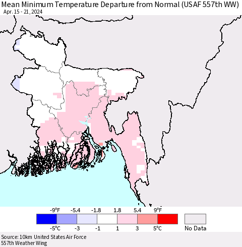 Bangladesh Mean Minimum Temperature Departure from Normal (USAF 557th WW) Thematic Map For 4/15/2024 - 4/21/2024