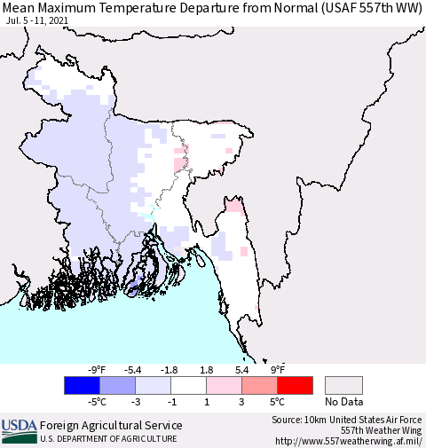 Bangladesh Mean Maximum Temperature Departure from Normal (USAF 557th WW) Thematic Map For 7/5/2021 - 7/11/2021