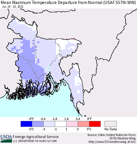 Bangladesh Mean Maximum Temperature Departure from Normal (USAF 557th WW) Thematic Map For 7/19/2021 - 7/25/2021