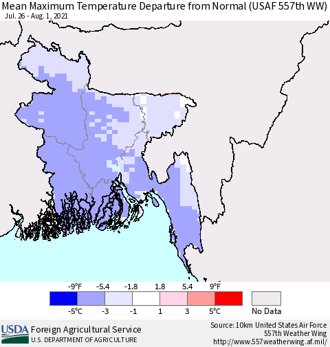 Bangladesh Mean Maximum Temperature Departure from Normal (USAF 557th WW) Thematic Map For 7/26/2021 - 8/1/2021