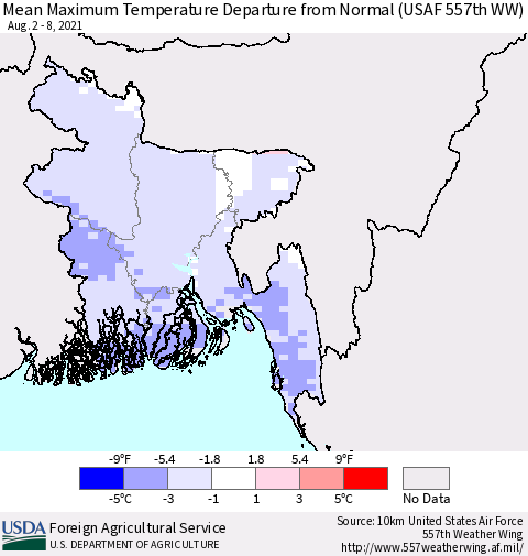 Bangladesh Mean Maximum Temperature Departure from Normal (USAF 557th WW) Thematic Map For 8/2/2021 - 8/8/2021